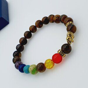 Chakra Tiger Eye Bracelet with Gold Elephant Charm, AZFA1067